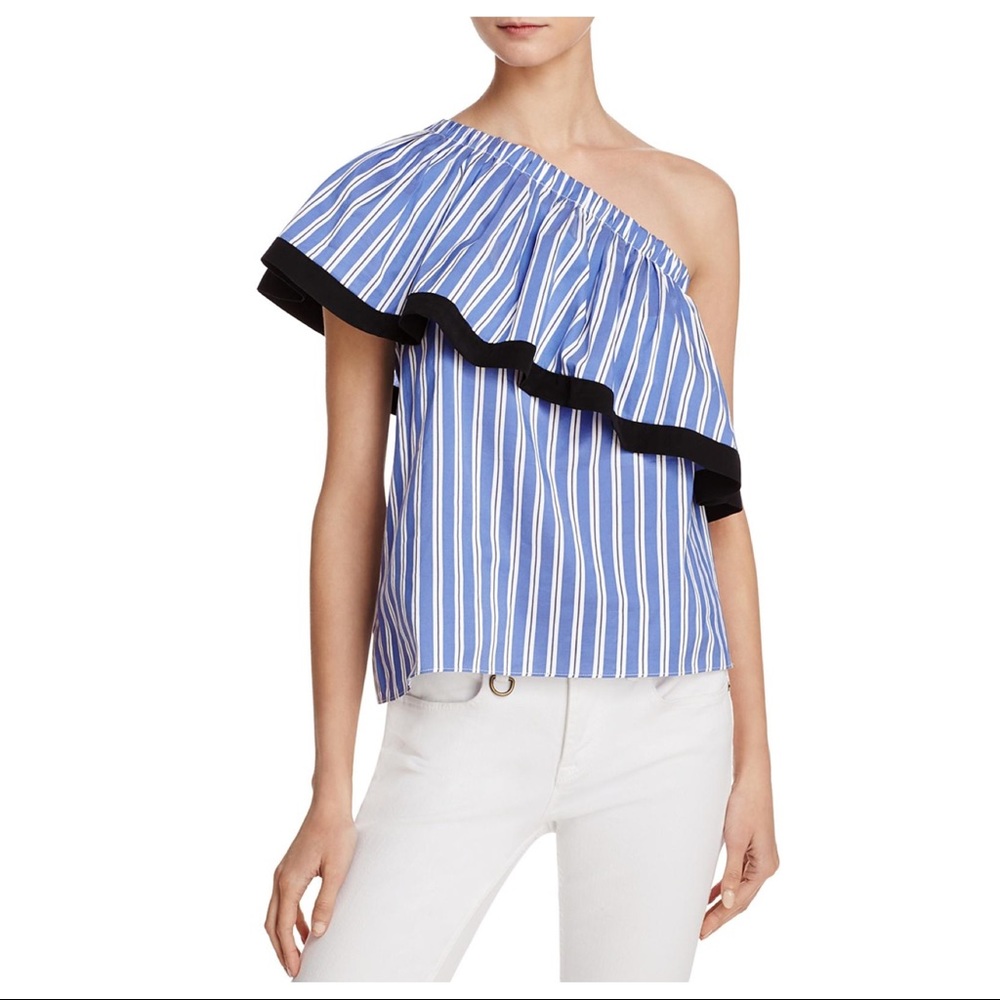 Milly Blue Ruffled One-Shoulder Striped Top